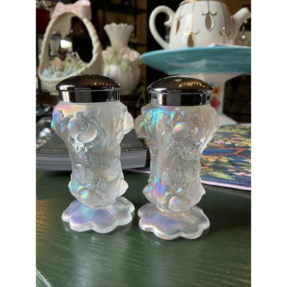 VTG Fenton Art Glass Cabbage Rose Clear Opalescent Set Of Salt & Pepper Shakers